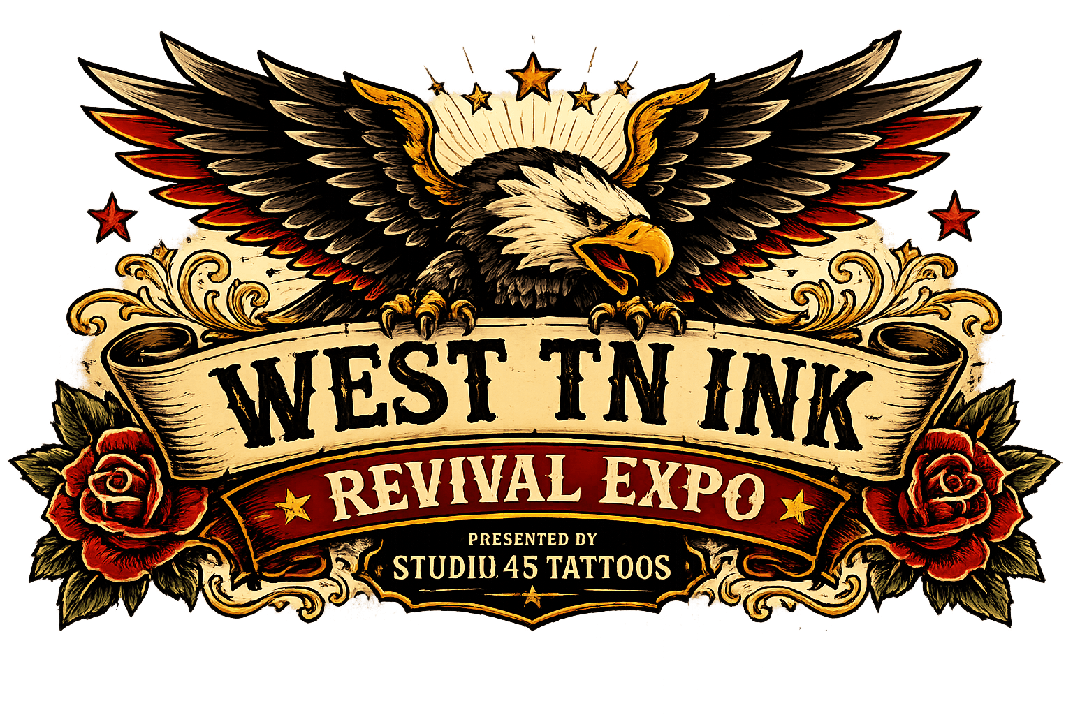 West TN Ink Revival Expo — Official emblem featuring a traditional American tattoo eagle, roses, gold scrollwork, and event banner