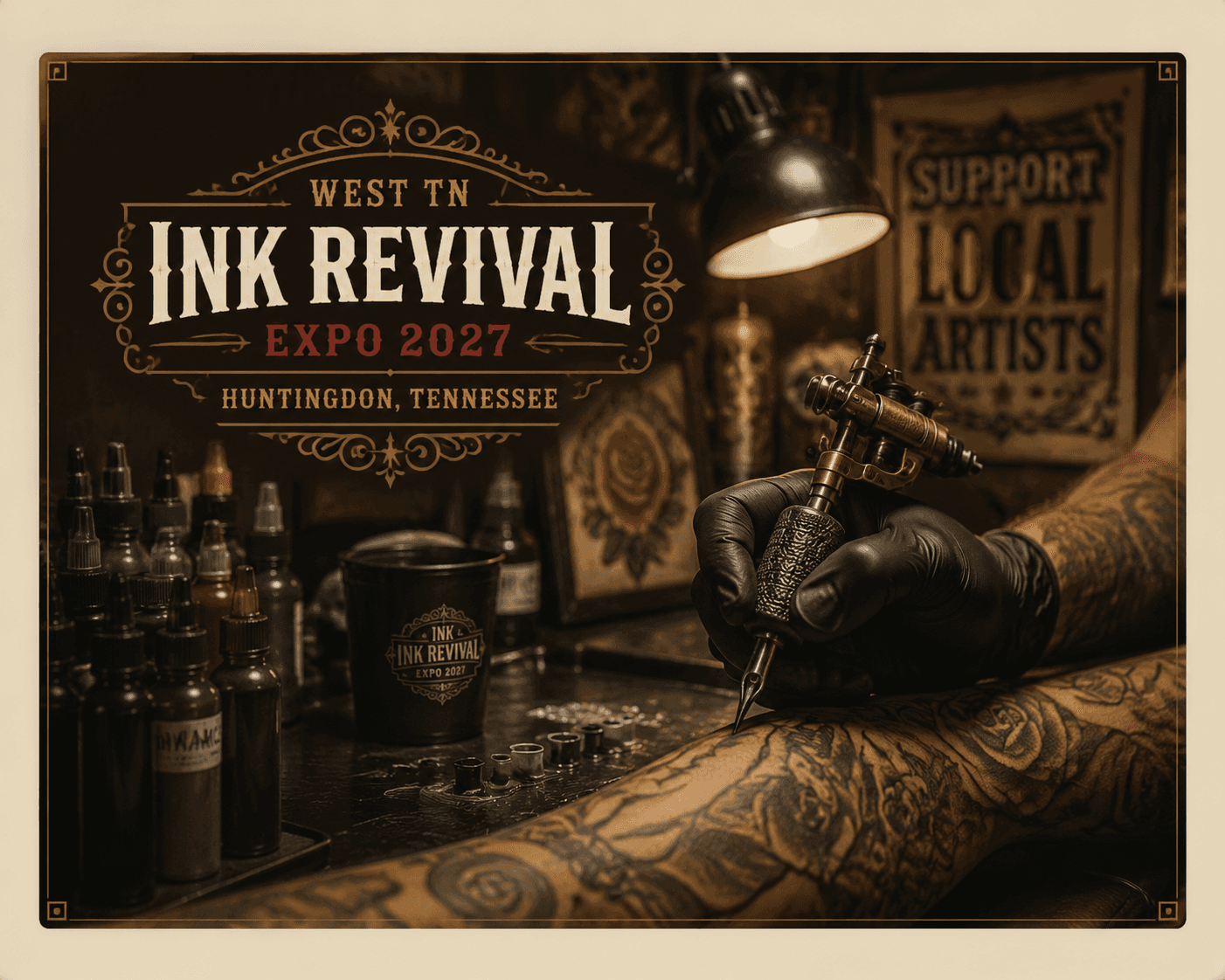 Tattoo artist tattooing an arm at the West TN Ink Revival Expo 2027 in Huntingdon, Tennessee